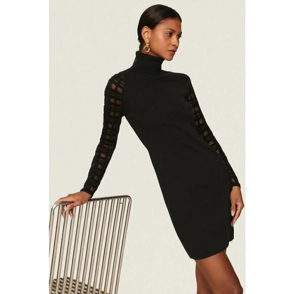 Esteban Cortazar Dress Sheer Lattice Sleeve Knit Turtleneck Sheath Mini Black XL - Picture 3 of 12